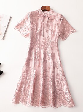 243123 人丝夏长款V领短袖连衣裙