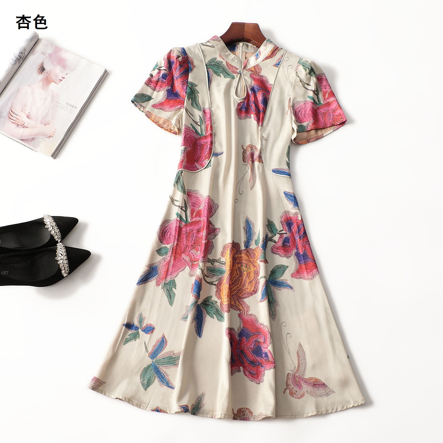 411910爆款国风新款女装品质精品夏改良旗袍立领短袖印花连衣裙