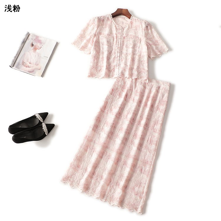 411426 夏衬衣半身裙套装 女长款短袖圆领现货