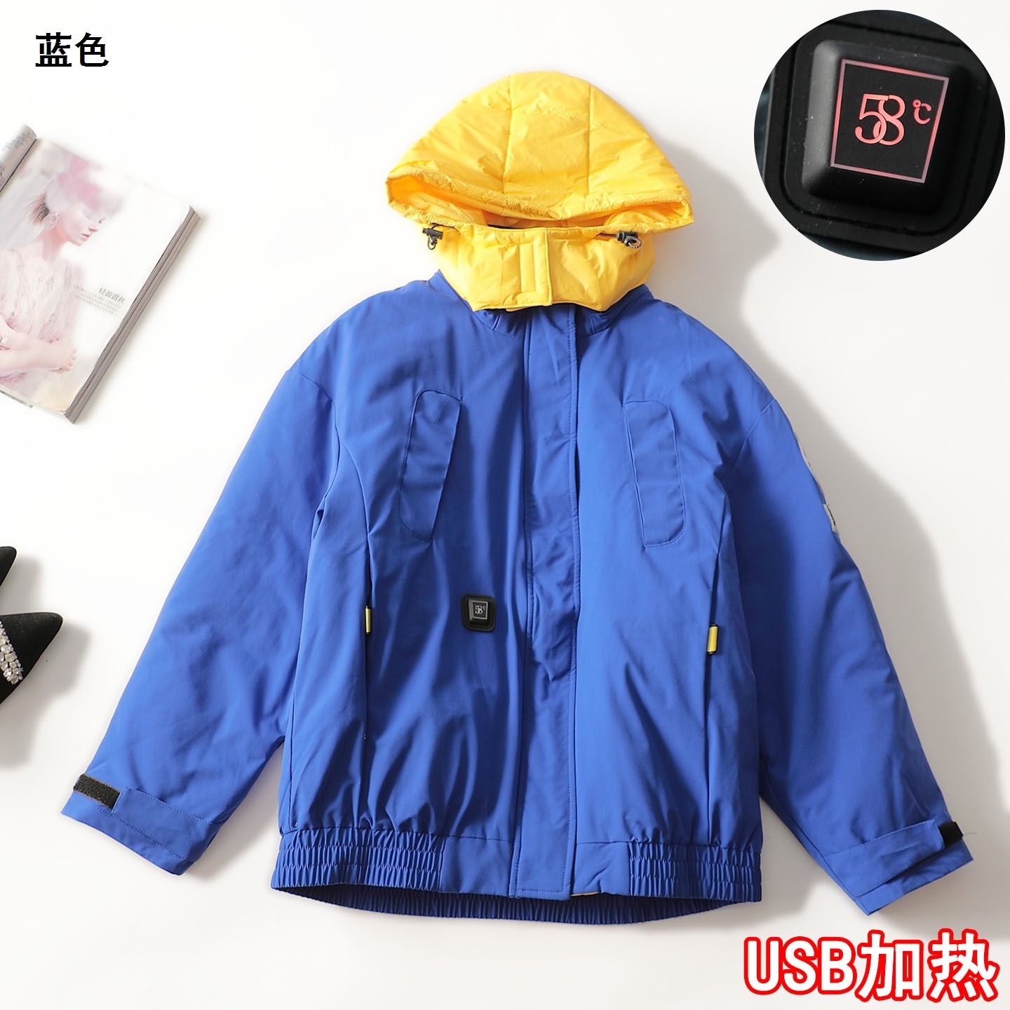 247695清货超值高品质精品USB加热90鸭绒冬中长款拉链长袖羽绒服