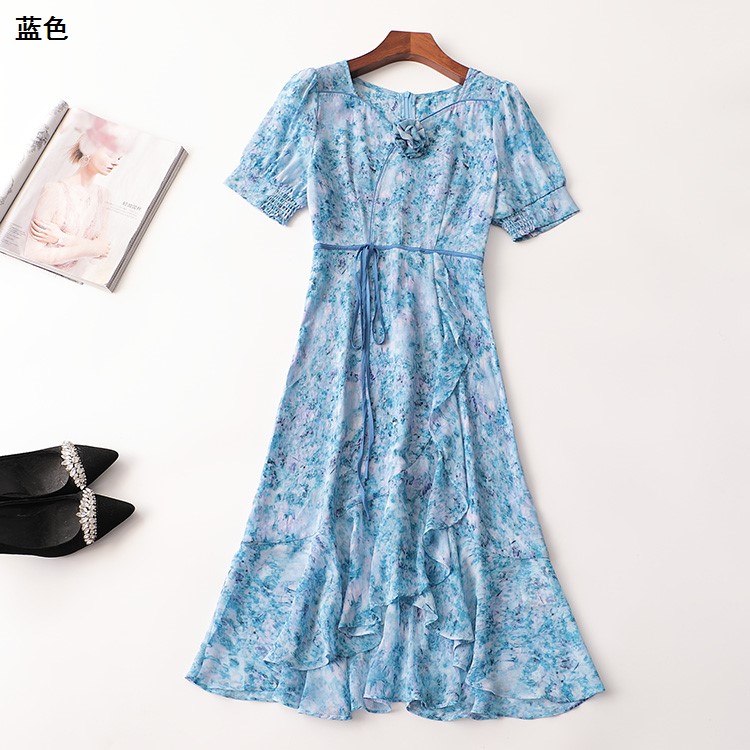 243229 夏连衣裙 女加长款短袖V领现货