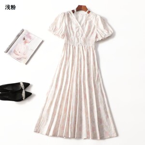 411974 夏连衣裙 女加长款短袖V领.M.L.XL