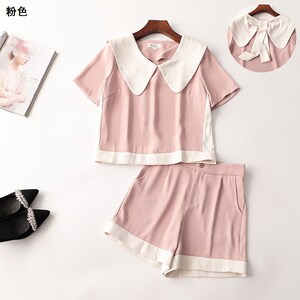 238599 夏上衣裤子套装 铭薇高端女拼色短款短袖V领