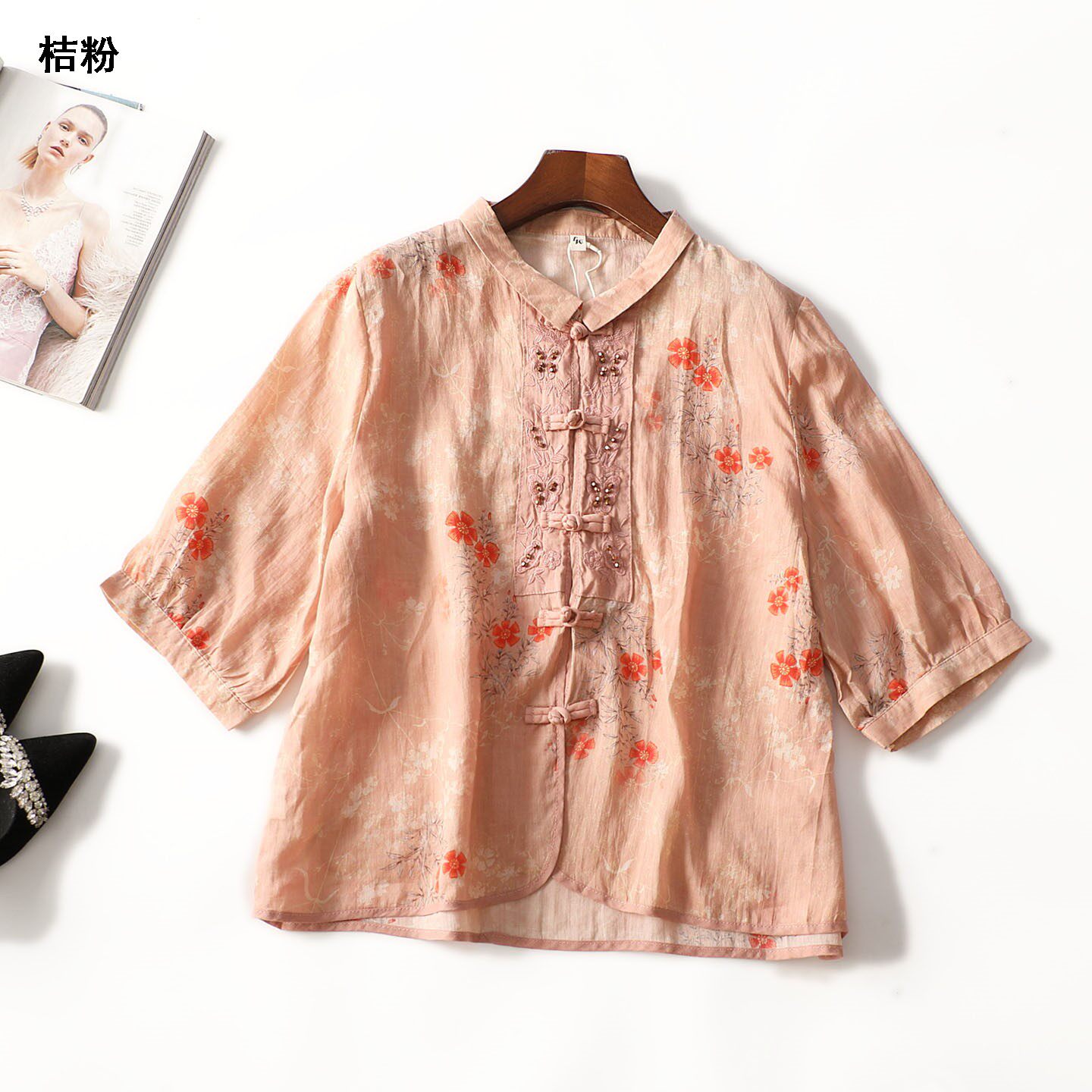 249613 夏衬衫 女中长款五分袖单排扣.M