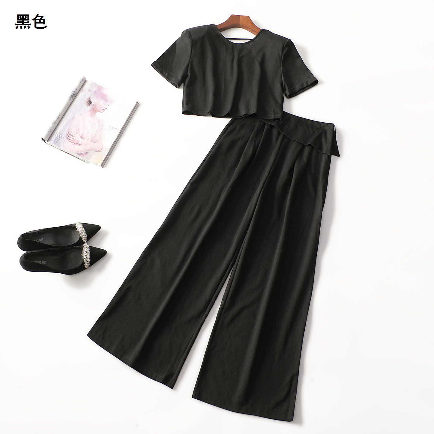 248554 夏上衣裤子套装 女长款短袖套头.M.L