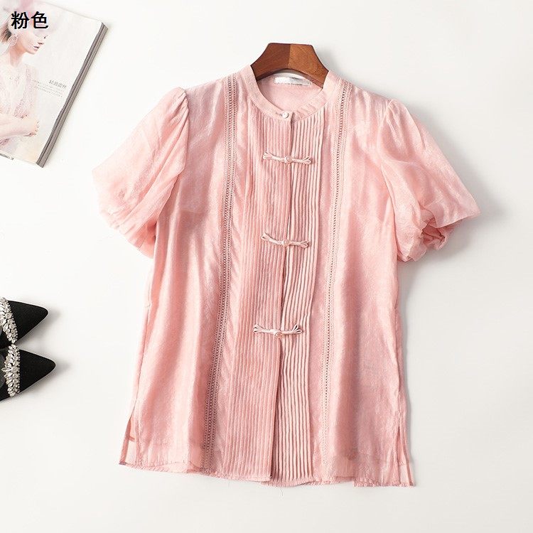 411084推荐南油原创金晖高货设计师品牌高档女装人丝夏短袖衬衫