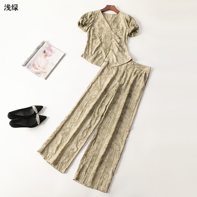 245924 夏上衣裤子套装 女长款短袖V领断码清仓