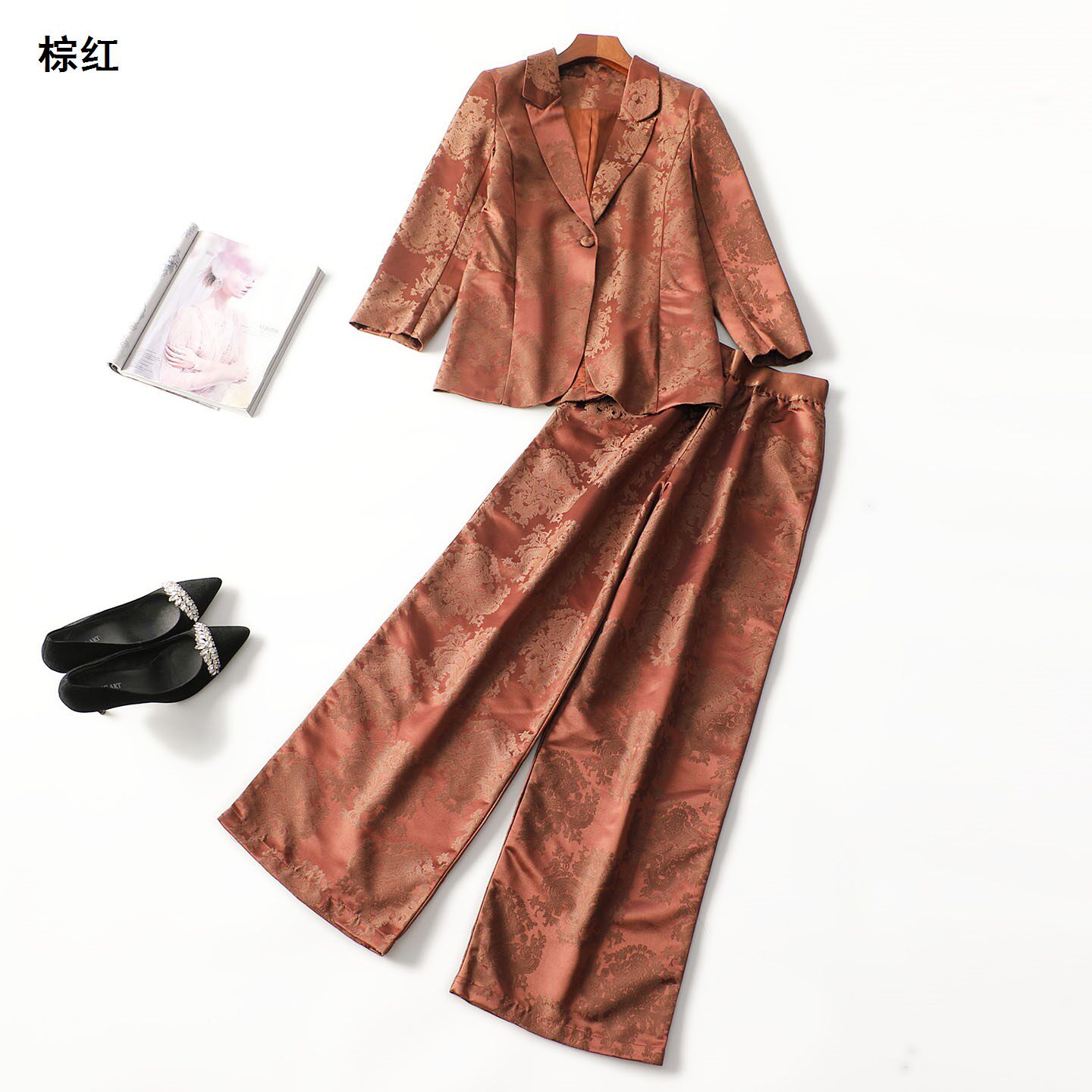 248490 春外套裤子套装 女长款长袖单扣.M.XL.2XL