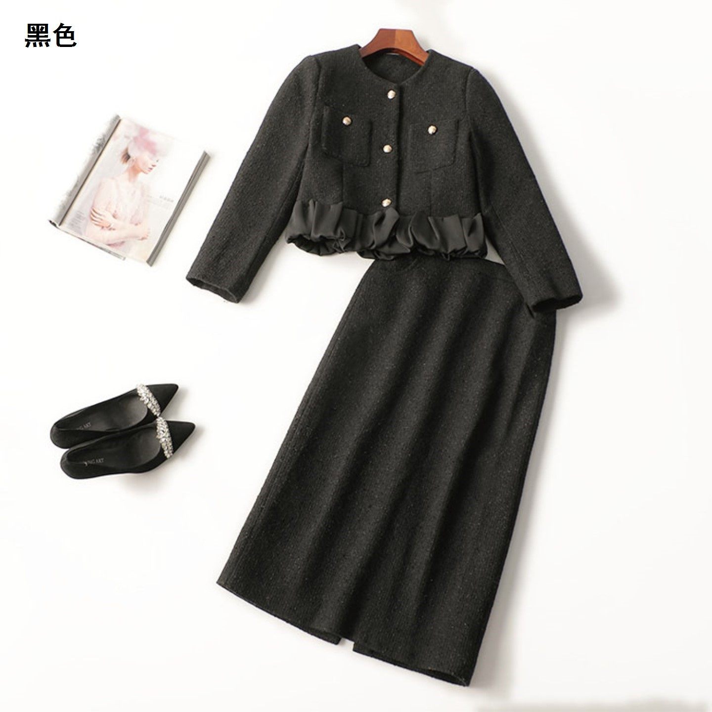 245094 冬外套半身裙套装 女粗仿毛呢羽绒长款长袖圆领