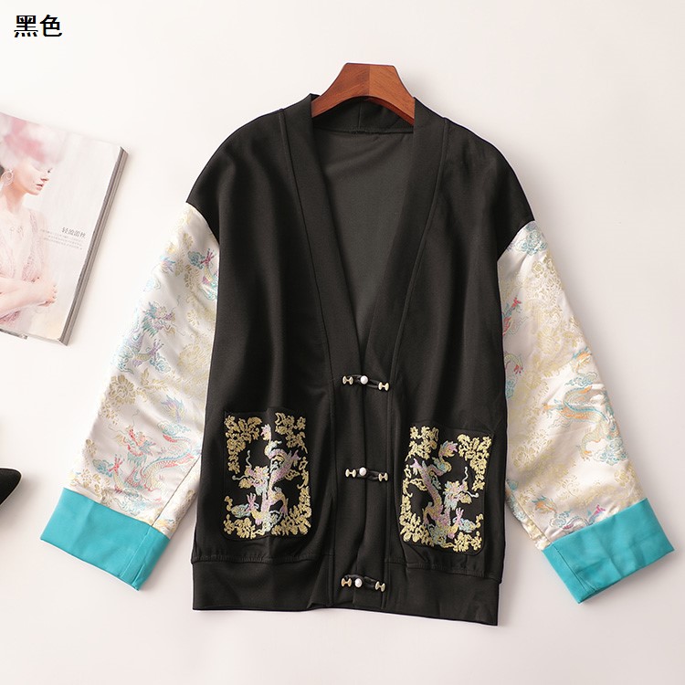 410011 秋外套 女绣花中长款长袖V领