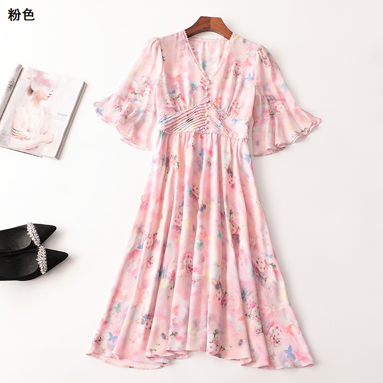 409553 夏连衣裙 女印花钉珠加长款五分袖V领现货