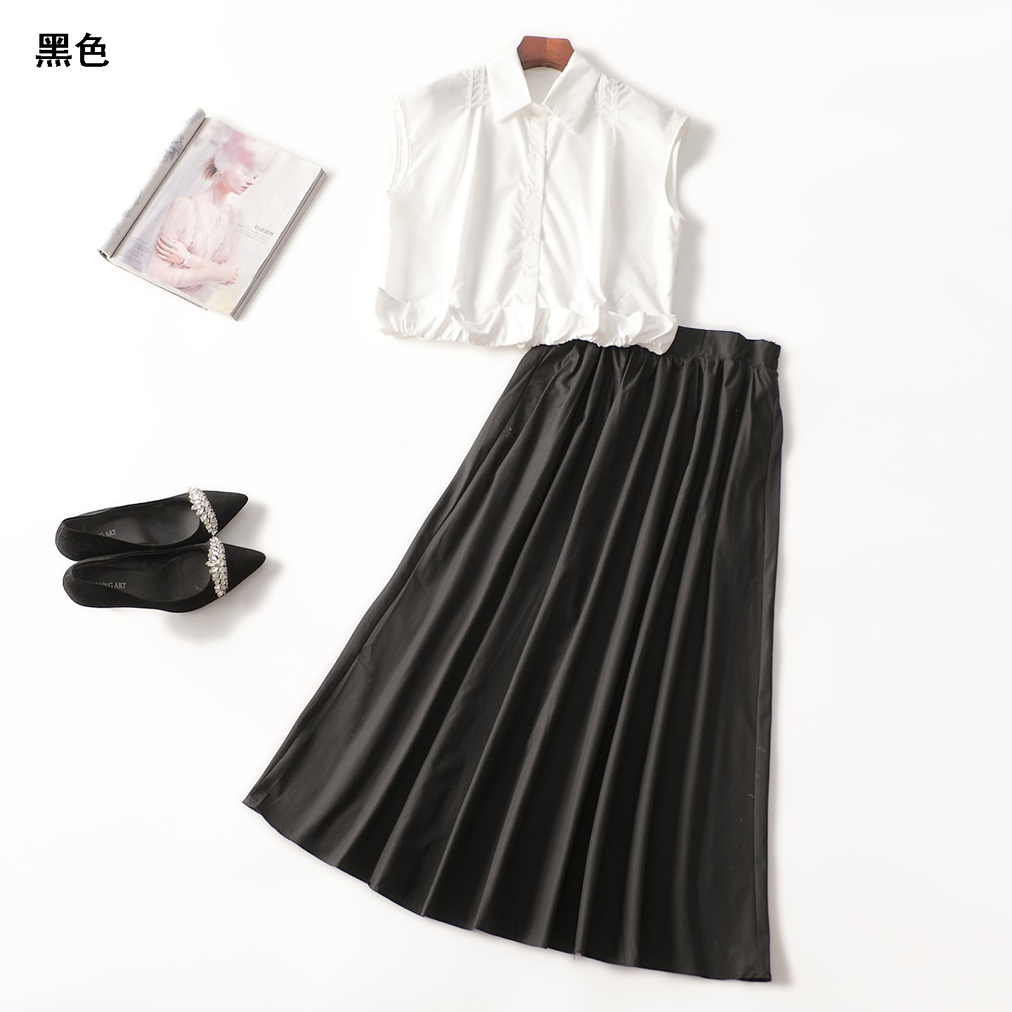 246549 夏衬衣半身裙套装 女长款无袖单排扣