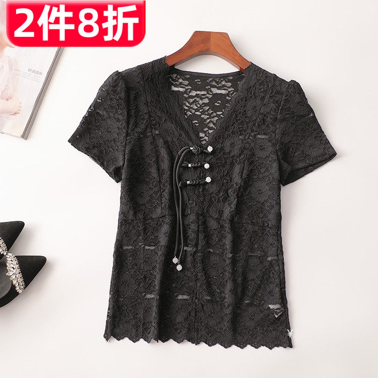 243437 夏上衣 女中长款短袖V领