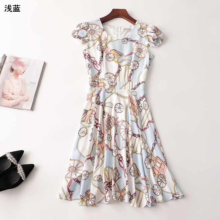 238023 夏连衣裙 女印花长款短袖圆领