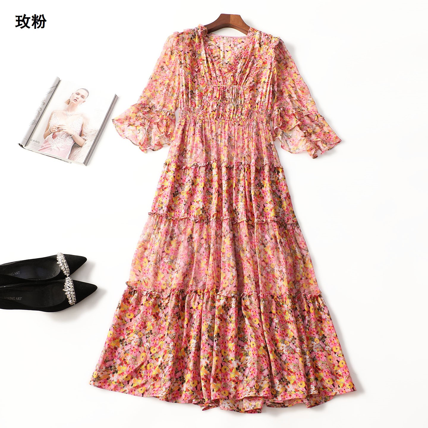 414408 夏连衣裙 女加长款五分袖套头.M.L