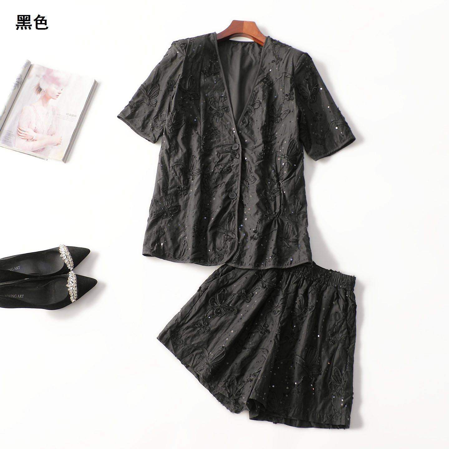 411857 夏外套裤子套装 女短款五分袖V领断码清仓