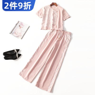 411580 夏上衣裤子套装 女绣花长款短袖圆领现货