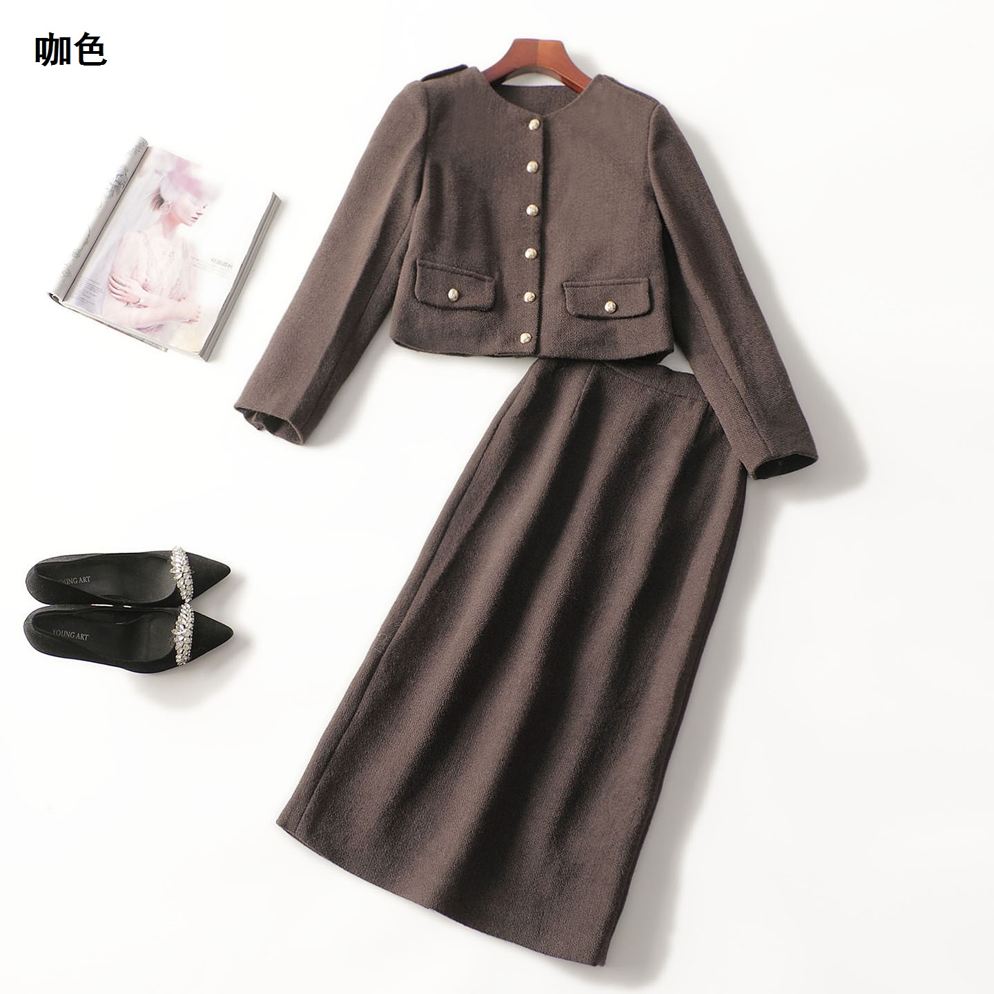 247788 冬外套半身裙套装 女长款长袖单排扣