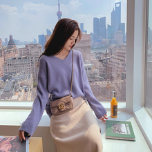 软妹毛衣女宽松外穿套头慵懒风韩版 网红学生V领针织衫 早秋季 上衣