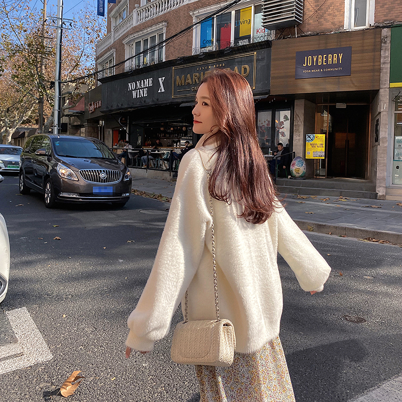 很仙的仿水貂绒毛衣外套女2021年新款春秋宽松慵懒风针织开衫外穿