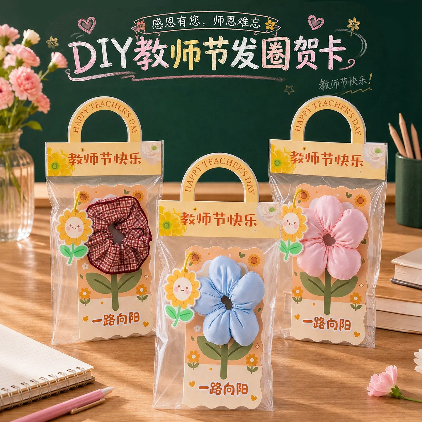 新款教师节实用礼品送女老师礼物创意花朵发饰发圈花束贺卡伴手礼
