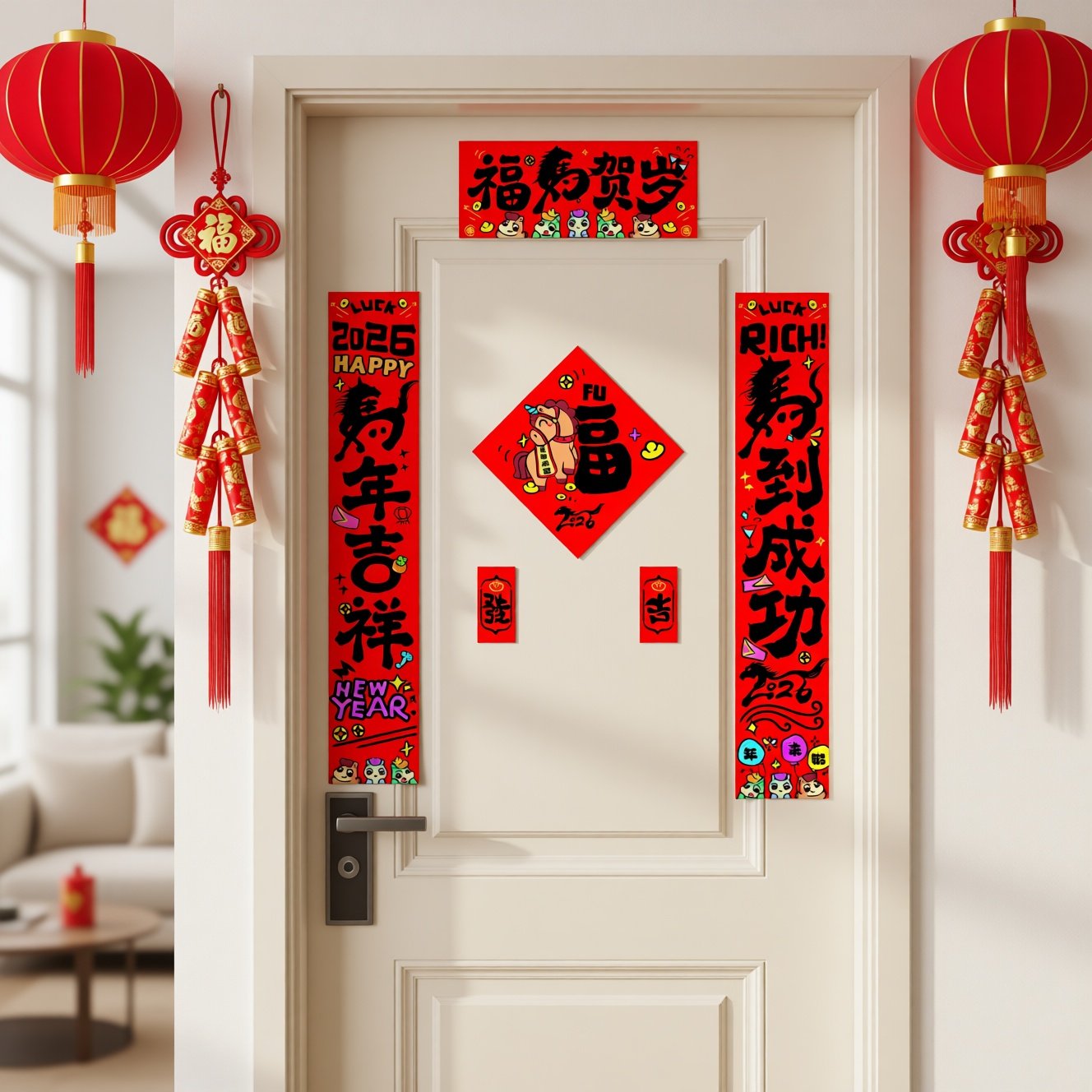 2026新款马年新年磁吸对联春联入户门贴过年装饰冰箱贴防盗门对联