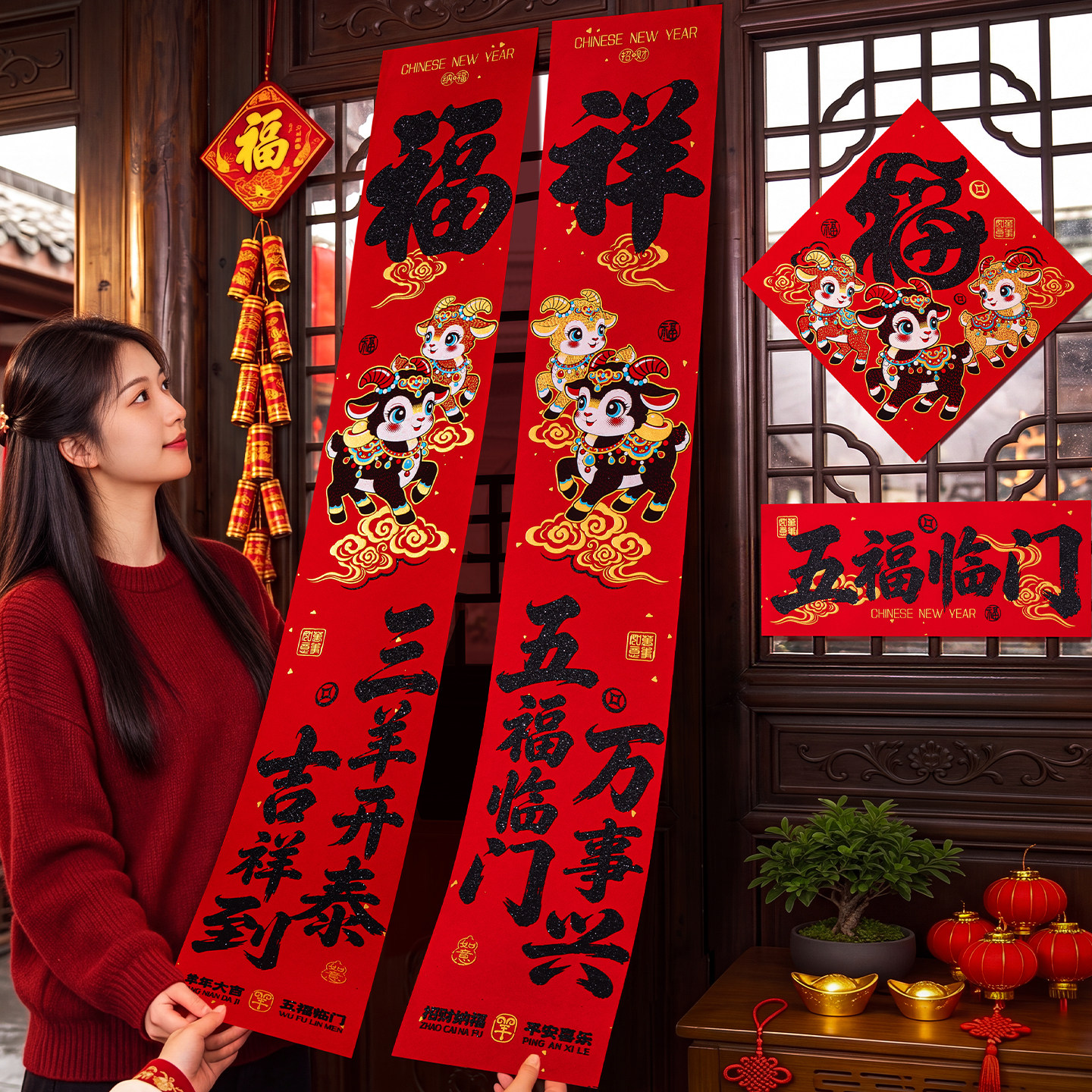 绒布书法对联春节家用2027羊年春联自带背胶过年新年大门福字门贴