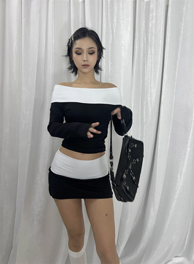 AMAMAY是辣妹 egirl黑白一字领修身显身材套装超辣分体打底短裙