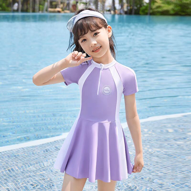 儿童泳衣女孩学生裙式分体平角裤韩版格子小中大童公主网红游泳装