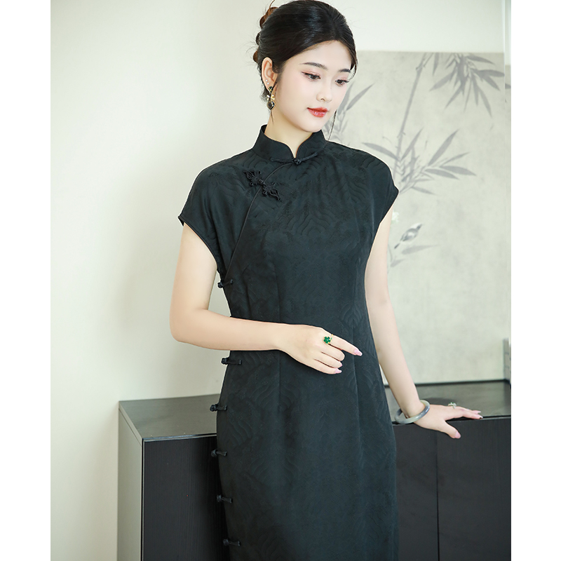 三重门复古日常长款修身旗袍黑色