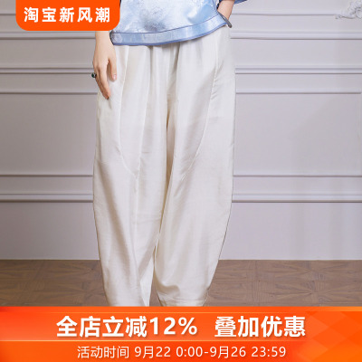 微风三重门复古双宫真丝桑蚕丝中式休闲裤子百搭日常松紧宽松女装