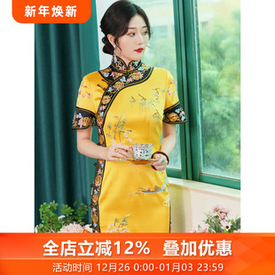 金镶玉 旗袍高端京派古典 三重门40姆米重磅真丝手工盘金苏绣修身