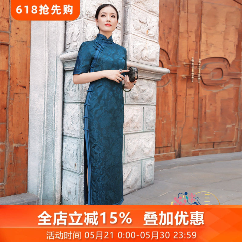 三重门{宫兰玉}夏季复古花罗真丝桑蚕丝旗袍高端中国风长款礼服女