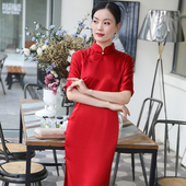 三重门{念奴娇}30姆米重磅真丝旗袍长款 红色敬酒服 优雅中国风修身