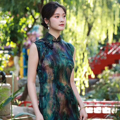 中式桑蚕丝香云纱旗袍改良连衣裙