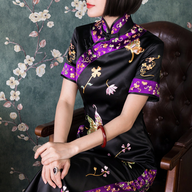 三重门{大家闺秀}30姆米重缎真丝手工盘金苏绣收藏级京派旗袍礼服