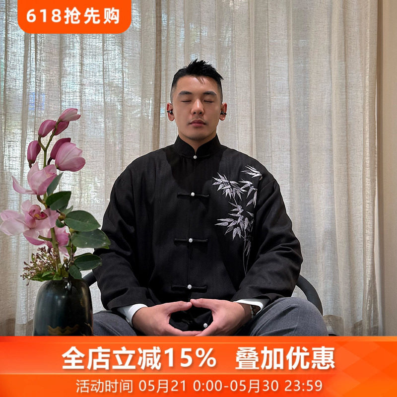 题画竹*三重门真丝龟纹香云纱复古唐装刺绣国潮高档高级男款外套