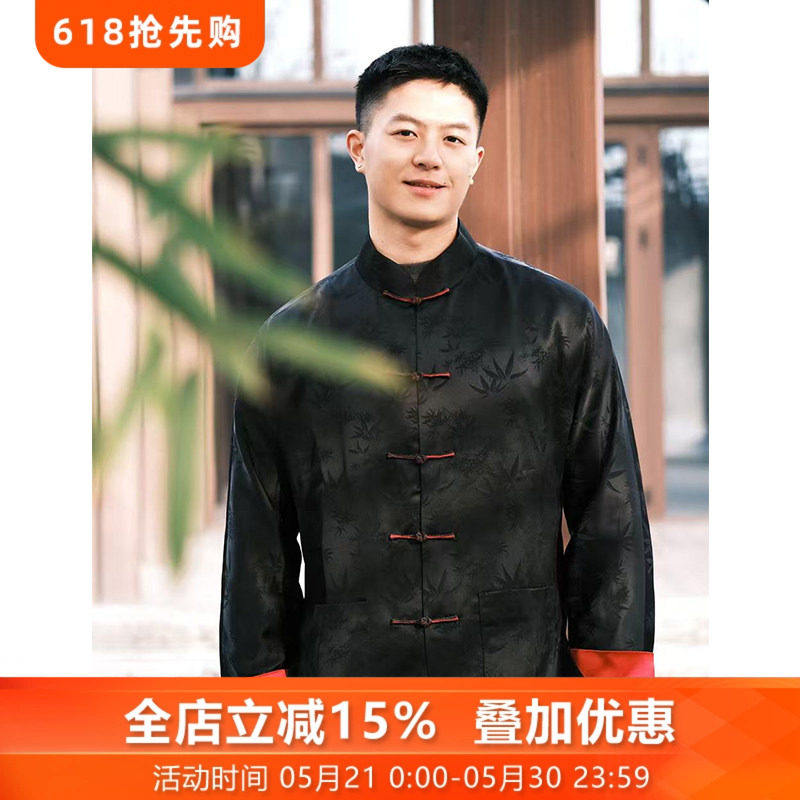 华韵三重门秋季中式国风醋酸唐装外套男装提花上衣立领夹克高档款
