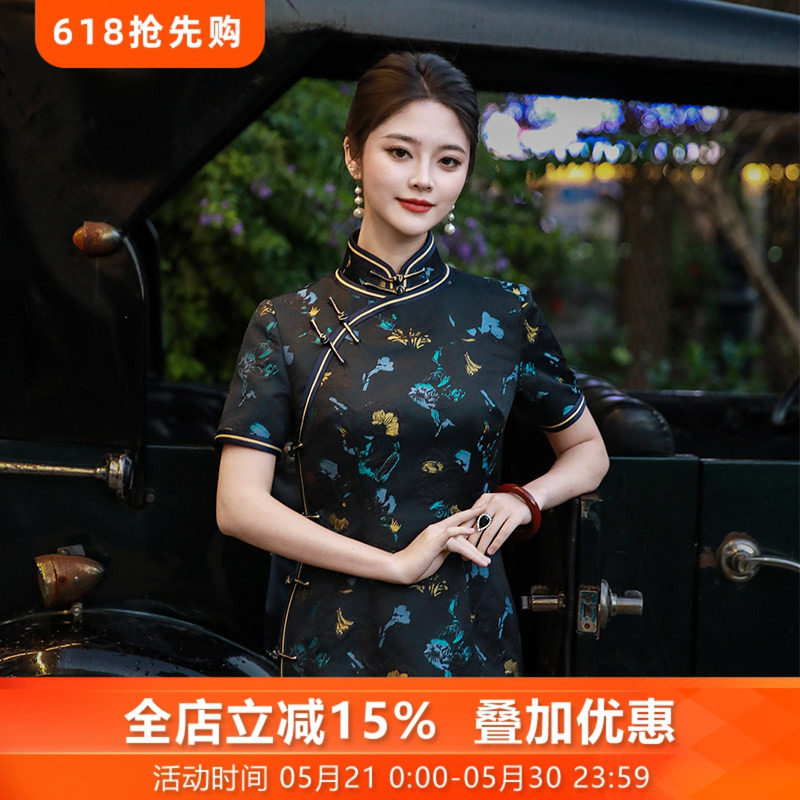 海上升月新中式宋锦真丝非遗旗袍高端大气上档次经典晚礼服新款女