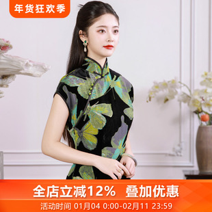 绿蝴蝶三重门新款复古烂花绡中式修身旗袍长款民国风改良气质日常