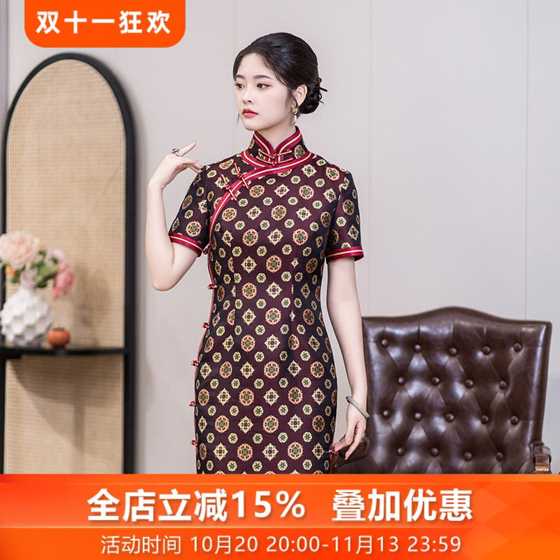 醉如意三重门新款40姆米织金宋锦非遗真丝高端长款旗袍中国风女士