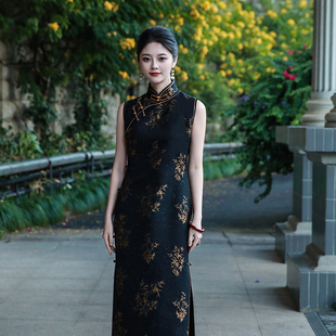 金叶曲三重门真丝丝毛宋锦中式修身旗袍复古长款民国风高级礼服女