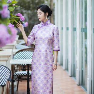 非遗45姆米织金宋锦气质手工旗袍莲花四重纬 新款 紫荷 三重门春季