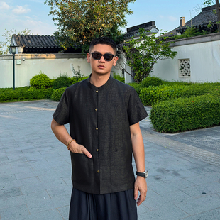浮远三重门夏季 T恤唐装 上衣男款 高端桑蚕丝 龟裂纹真丝香云纱衬衫