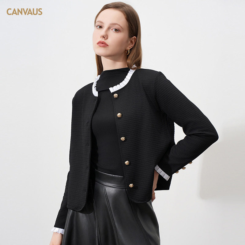 CANVAUS秋冬女装新款高级感圆领单排扣短外套花边简约小香风上衣