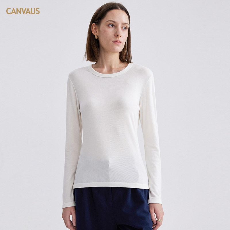 CANVAUS新款含绵羊毛休闲气质打底衫t恤女秋冬季纯色圆领保暖上衣