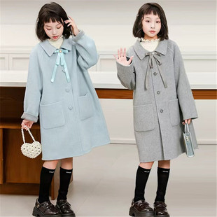 2025女童双面羊绒大衣新款 儿童可爱蝴蝶结双面穿双面呢羊毛大衣