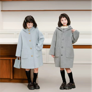 2025新韩版 连帽呢子羊毛中大童外套 女童双面羊绒大衣两面穿中长款