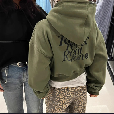 韩国小众潮牌rest秋冬字母RR印花短款休闲慵懒加绒连帽卫衣女潮