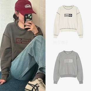 2024秋冬韩国GROVE新款 明线字母刺绣圆领宽松百搭休闲卫衣女上衣